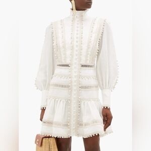 ZIMMERMANN Eight Corded Ruffle Hem Linen Mini Dress Ivory Sz 0 US 4 Org $1,750
